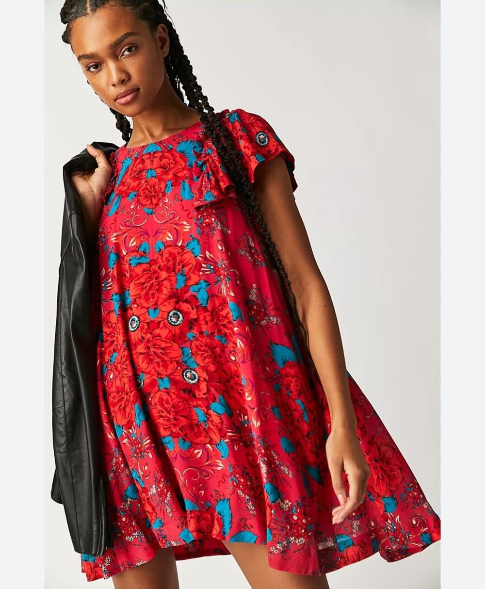 Free People Tara Hot Pink, Red & Blue Floral Flutter Sleeve Mini Swing Dress